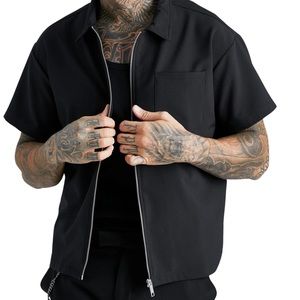 ⚫️⚫️ boohooMAN Black Tech Nylon 4 Way Stretch Boxy Fit Zip Up Overshirt